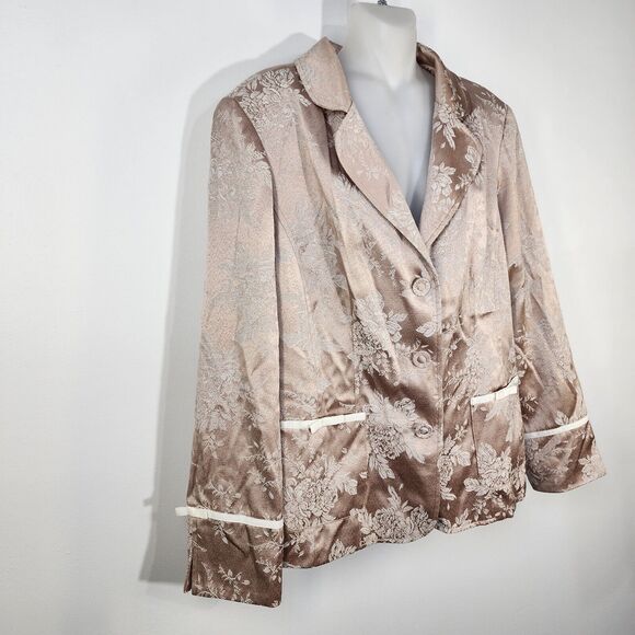 Susan Graver Jacket Large Floral Jacquard Ribbon Trim Button Tan Gold A44774 - Picture 4 of 14